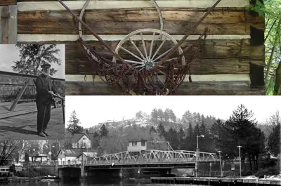 three images put together of Huntsville Swing Bridge, Captain Hunt and a key
