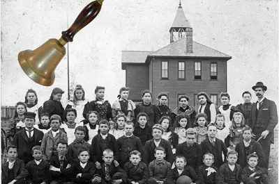 image of brass hand bell on top of a class photo with school in background