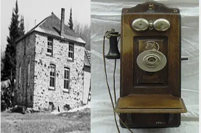 old black and white photo of Demaine family home and telephone