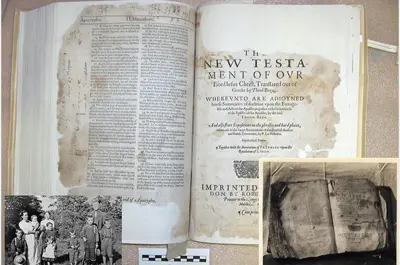 image of old New Testament Bible and photo of Demaine family