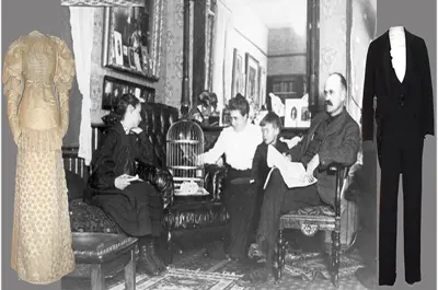 wedding dress, image of Shaw family, and men's wedding outfit
